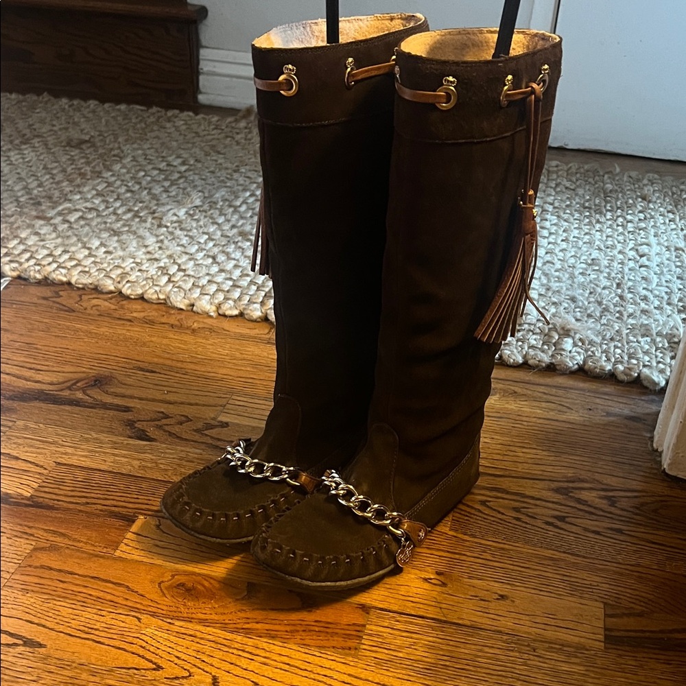 Juicy Couture Dark Brown Moccasin Boots with Chain Detail